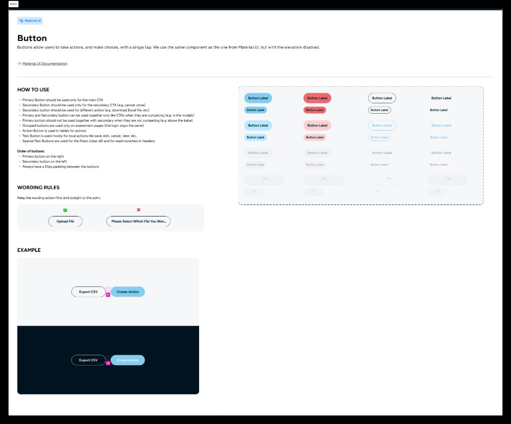 Button component — variants, states, and spacing rules