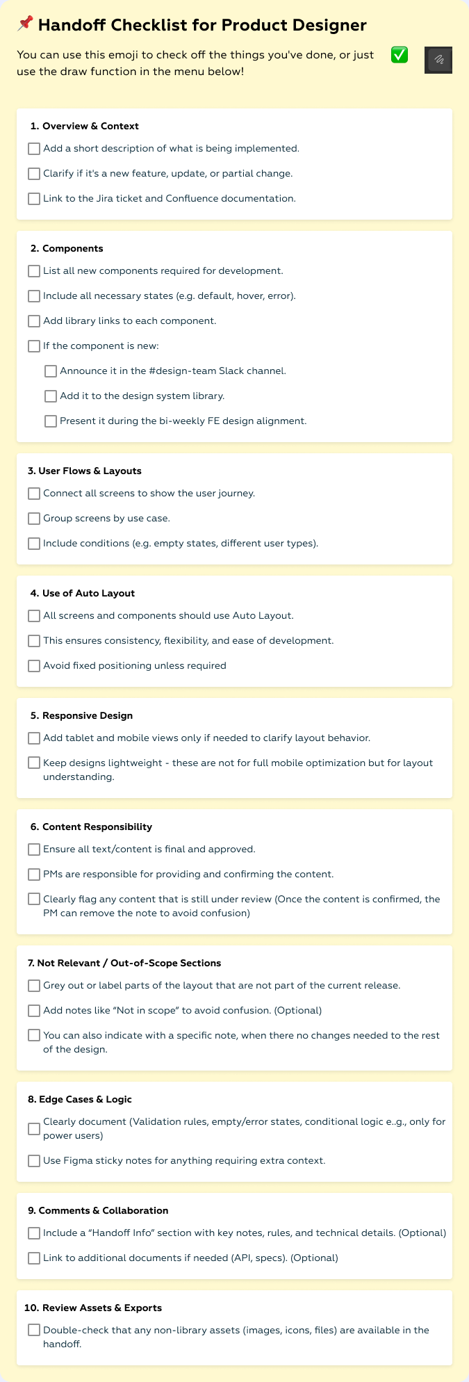 Design handoff checklist for product designers