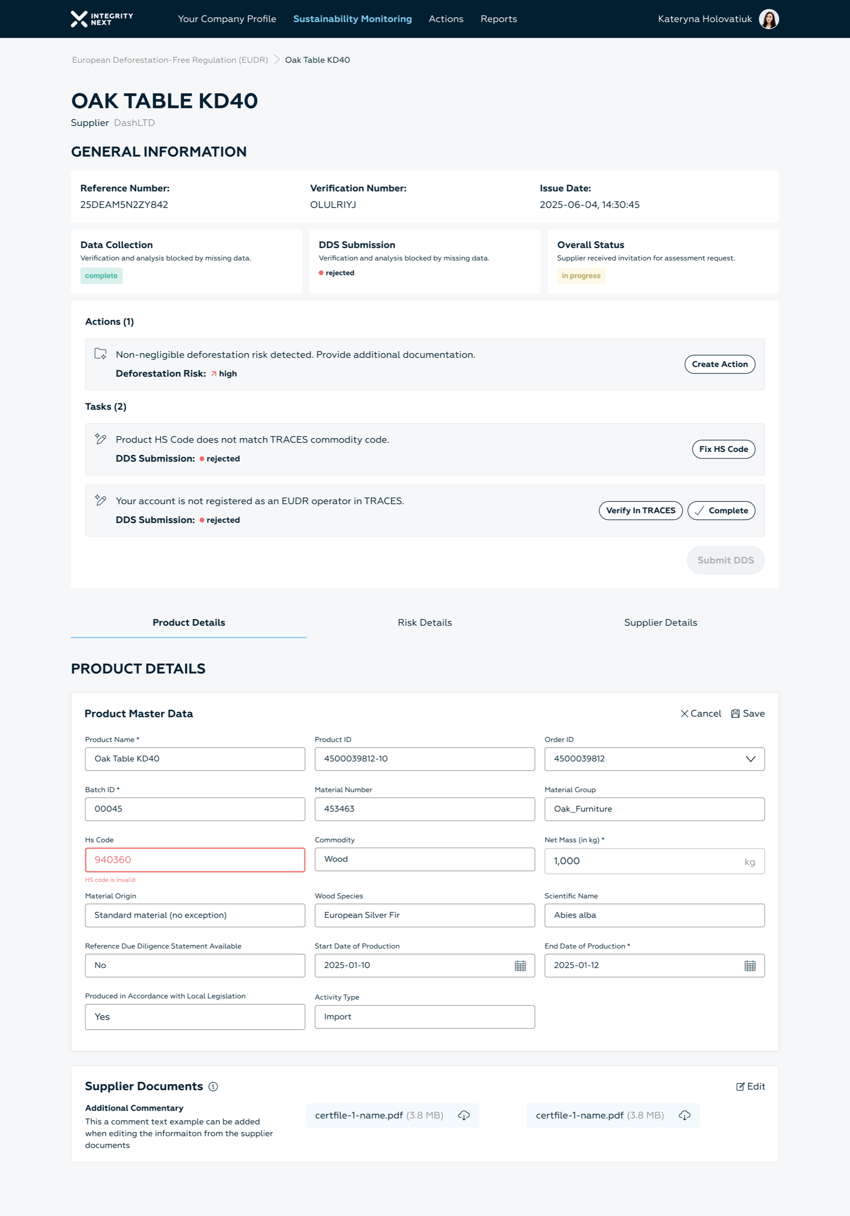 EUDR product detail with validation errors, actions, and rejected DDS status