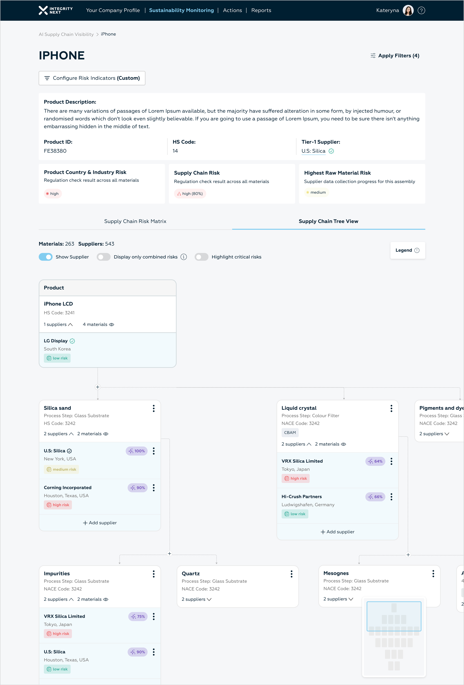 Supply chain tree view for iPhone with product hierarchy and risk filters