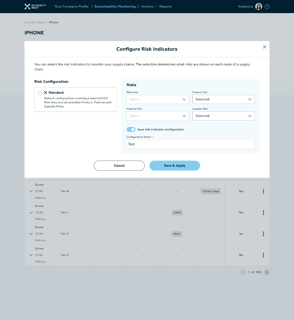 Configure Risk Indicators modal