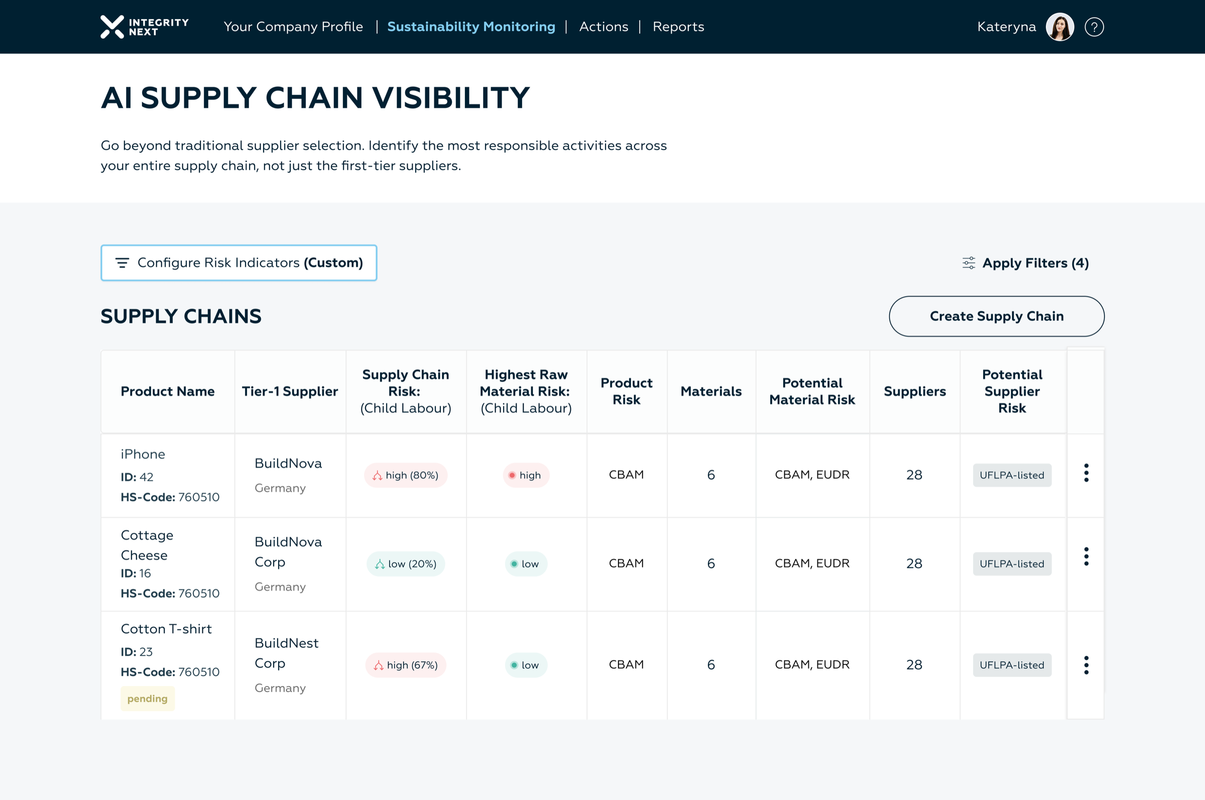 AI Supply Chain Visibility overview with supply chains table
