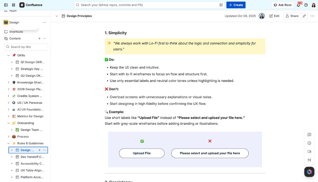 Design Principles in Confluence — simplicity guidelines with do and don't examples