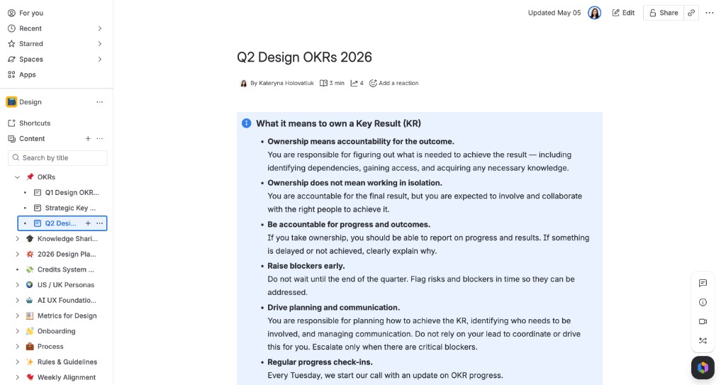 Q2 Design OKRs in Confluence — key result ownership guidelines