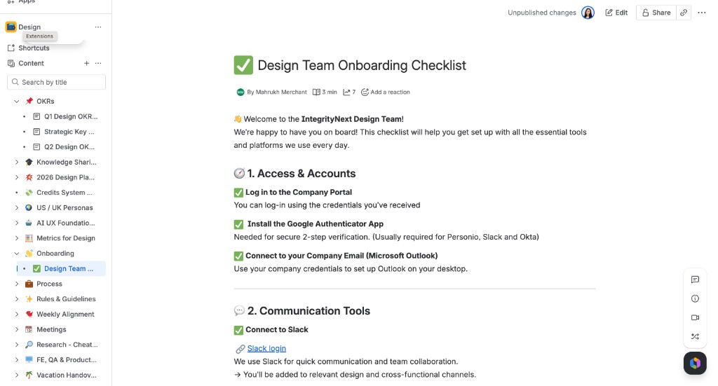 Design Team Onboarding Checklist in Confluence